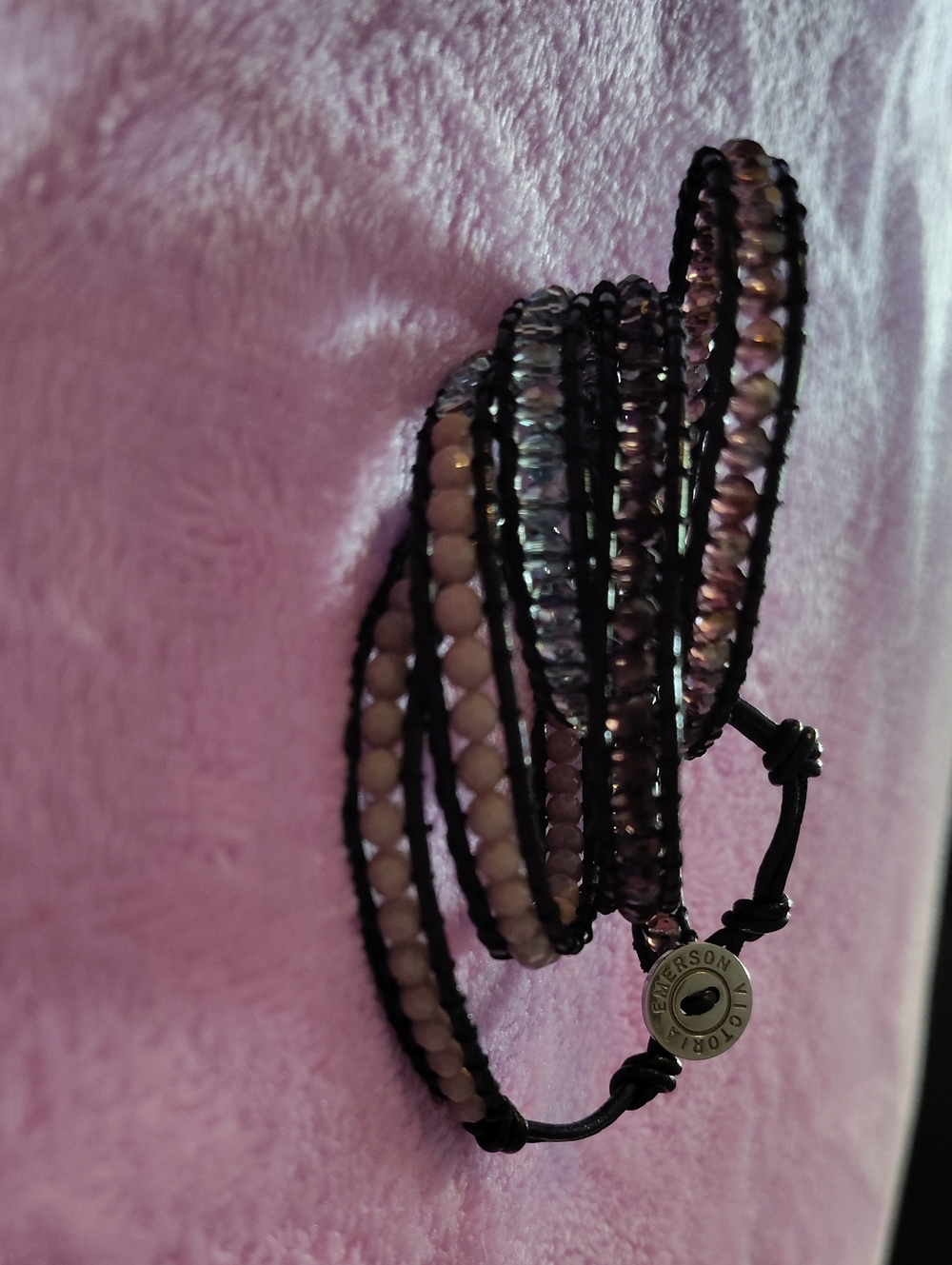 Beaded Wrap Bracelet in Pale Pink & Purple with Button Closure